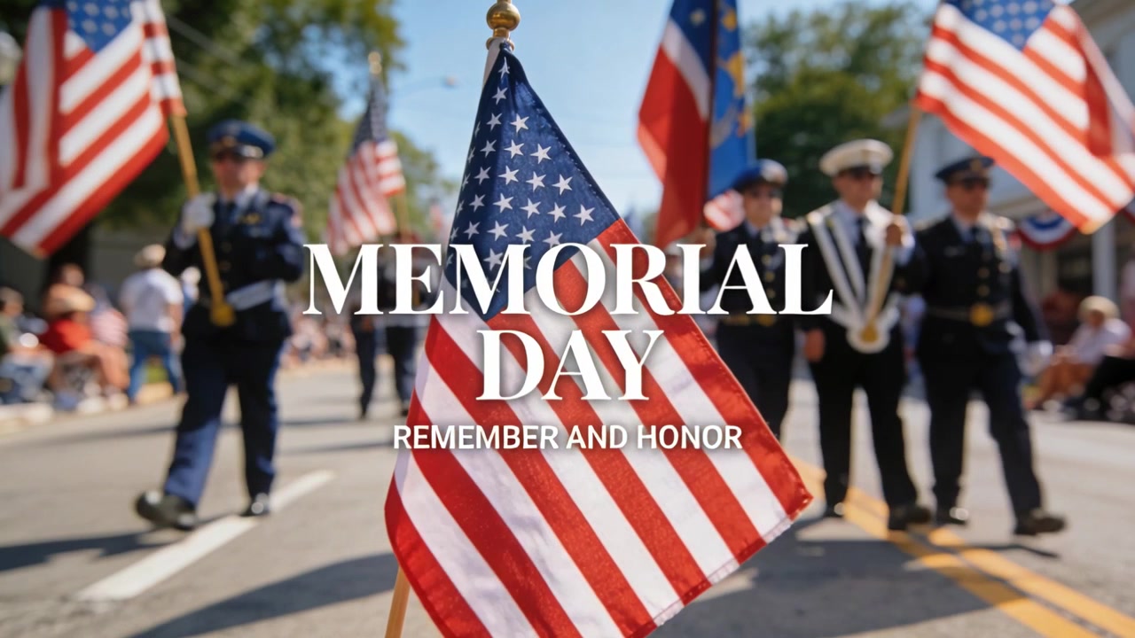Persona che sventola una mini bandiera degli Stati Uniti nella strada principale, con la parata che inizia e la marcia in uniforme, in onore del Memorial Day.