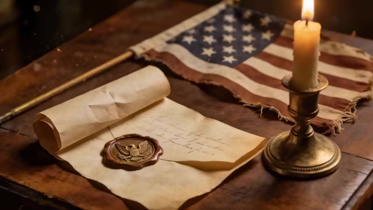 Flickering candle flame revealing eagle wax seal on parchment at wooden table, worn US flag behind