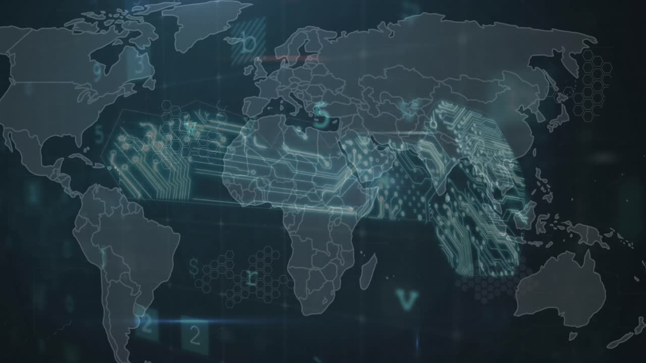 Animation of cyber security data processing over security key icon against world map