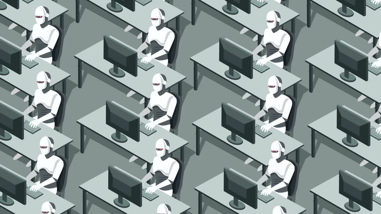 휴머노이드 로은 컴퓨터에서 작동합니다. 미래의 인공지능 개념 애니메이션