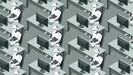los robots humanoides trabajan en la computadora. animación conceptual futurista de inteligencia artificial