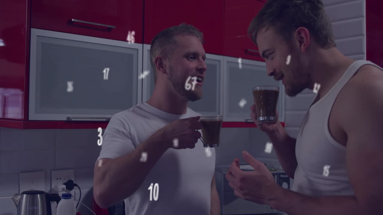 Two men lifting mugs and sipping coffee conversing toasting with animated steam in food marketing