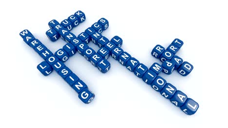 Rolling letter cubes forming words transportation with alpha mask