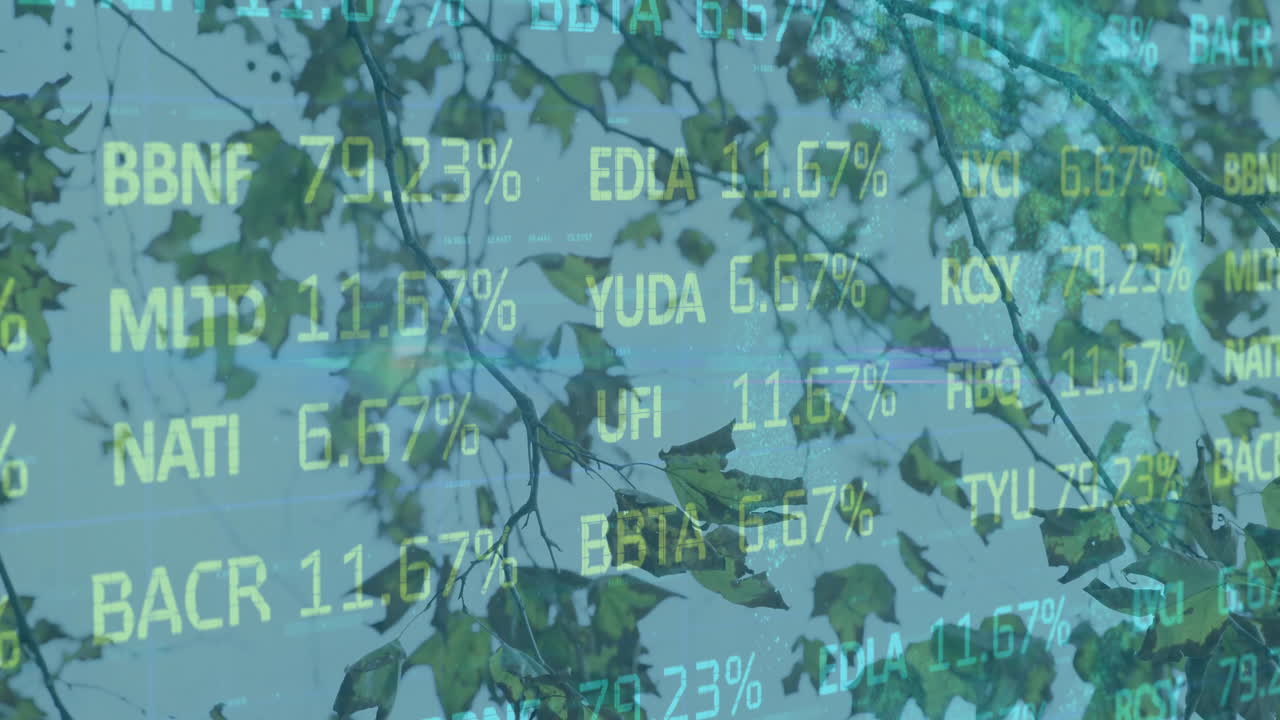 Animation of stock market data overlaying green leaves in natural environment