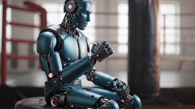 Un robot umanoide futuristico siede pensieroso in una palestra di boxe, mostrando tecnologia avanzata e un design intricato mentre riflette sulla sua esistenza e sul suo scopo