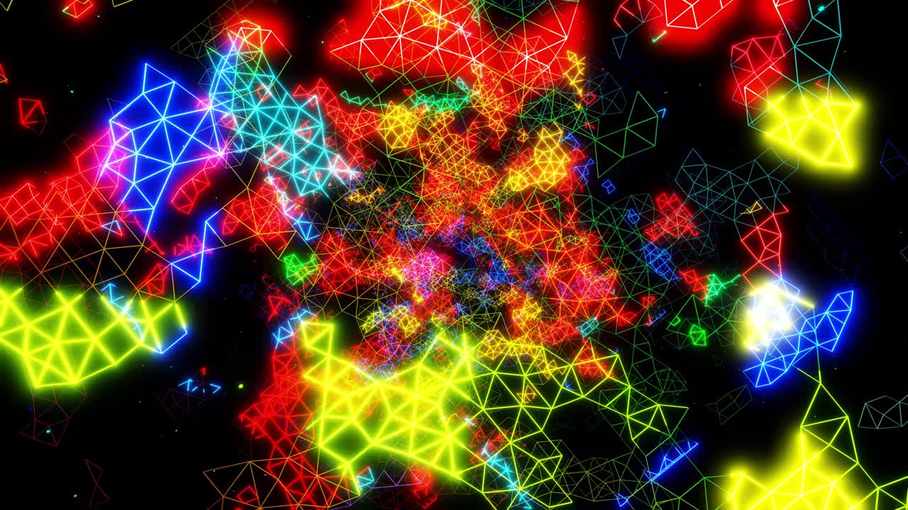 복잡한 네트워크 구조와 네온 빛으로 3d 공간을 날아다니는 vj 루프 (vj loop fly through 3d space with complex net structure, neon light, sci-fi bg, hi-tech plexus, futuristic frames with neon light on it) - 정보 데이터 흐름 개념, 3d 루프 모션 디자인