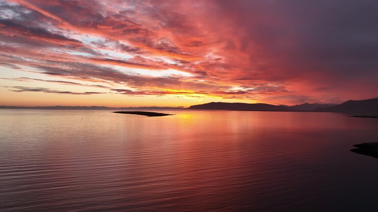 sunset over the sea in Reykjavik Iceland aerial view