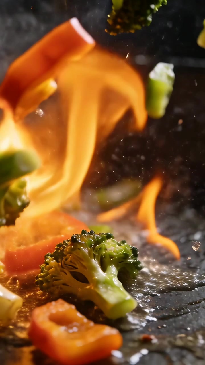 Video verticale: Una fiamma fa saltare broccoli e peperoni rossi in una padella a gas, con l'olio che sfrigola per la cottura.