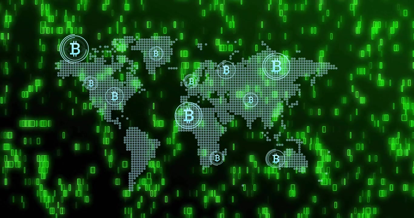 Pixel verdi a cascata che si avviano, una mappa puntinata che si forma e loghi Bitcoin pulsanti, che mostrano scambi globali.