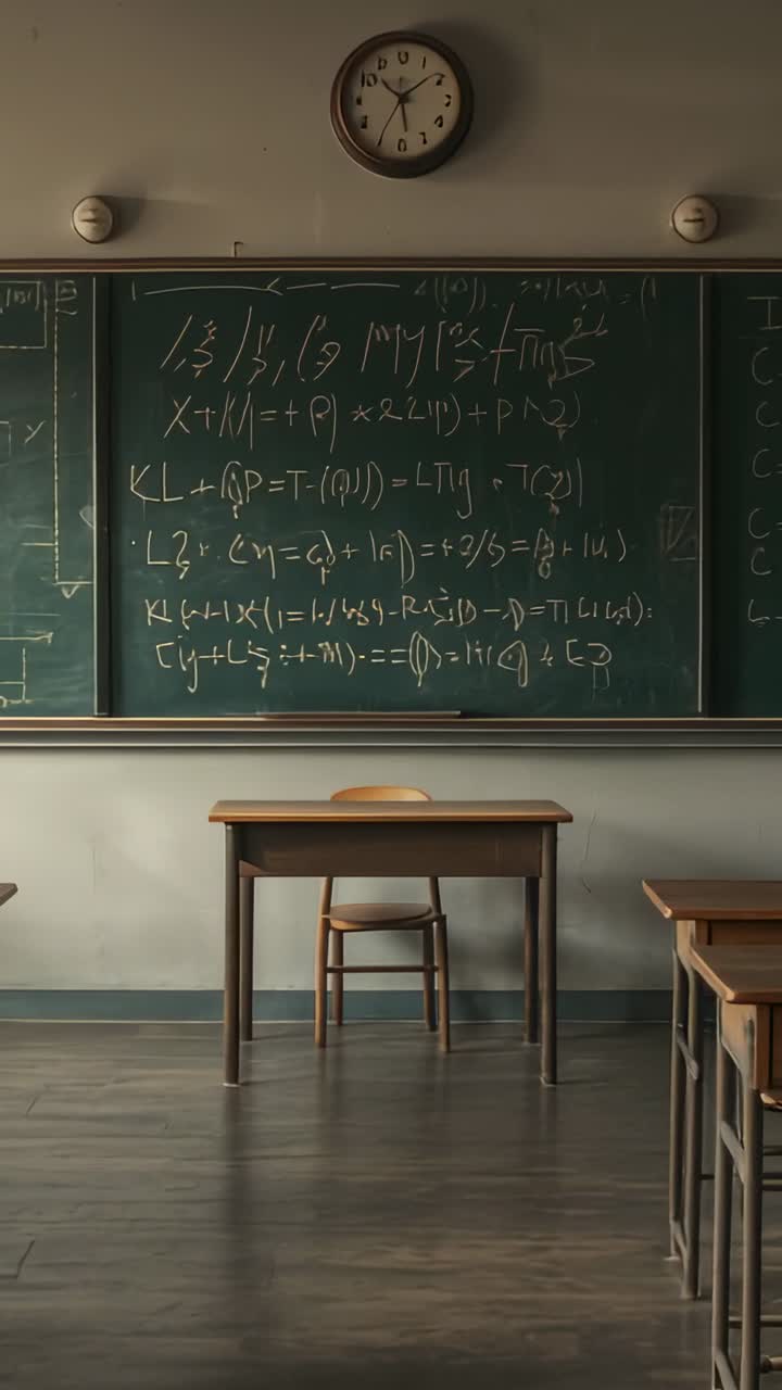 Vertical video: At start camera panning school classroom, showcasing chalkboard and teacher's desk
