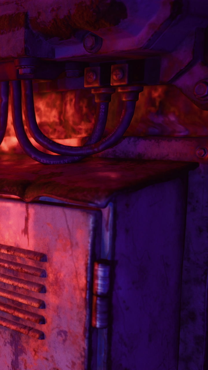 Metal locker with colorful lights in an industrial setting at night