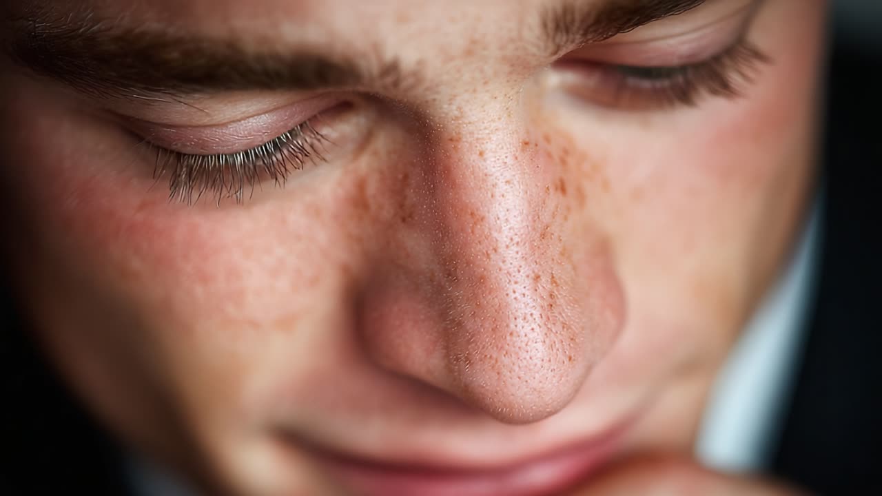 A Close-Up Perspective Capturing Emotional Depth and Introspection of a Young Man with Distinctive Features in a Thoughtful Moment