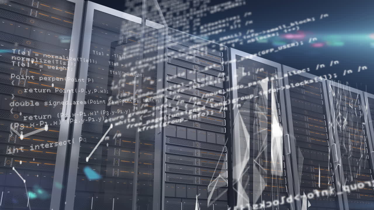 Animation of data processing and shapes over server room