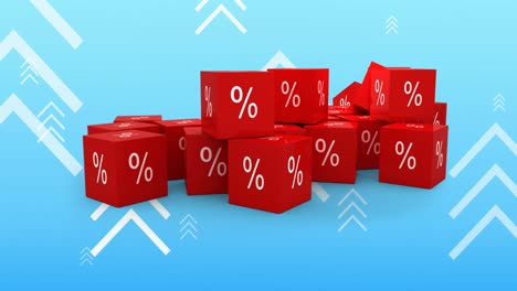 Animation-of-percent-sales-symbol-on-red-cubes-and-white-arrows-on-blue-background