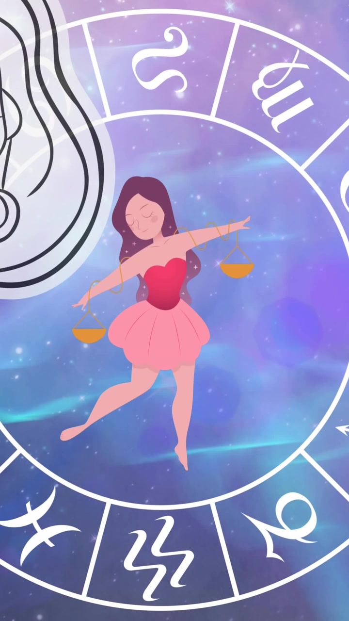 Animazione di simboli zodiacali su stelle su sfondo blu.