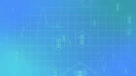 Animation-of-medical-icons-and-data-processing-over-grid-on-blue-background