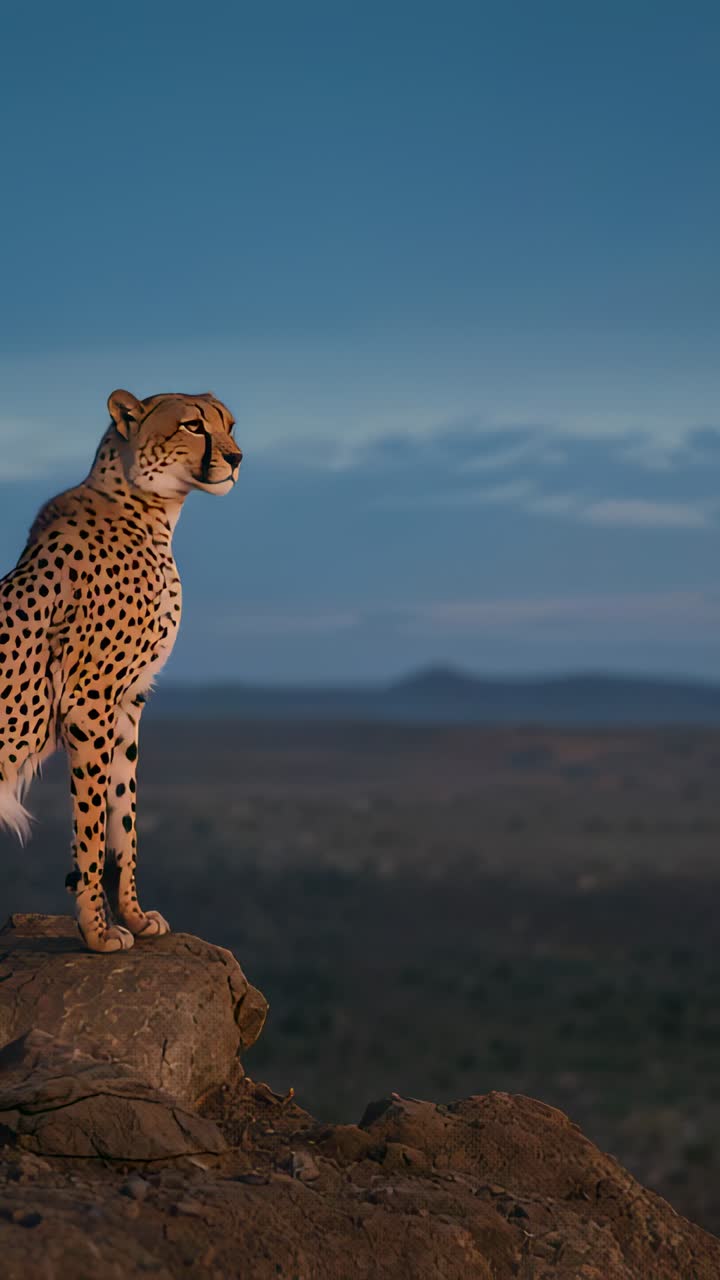 Vertical video: Scanning cheetah sensing horizon, shifting head and ears on kopje, copy space