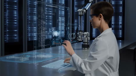 scientist interacting with futuristic holographic display in a data center
