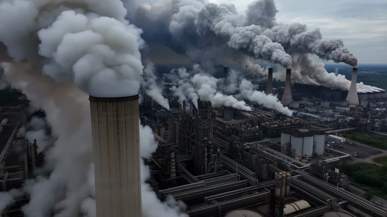 Industrial Complex with Numerous Smokestacks Emitting Heavy Smoke