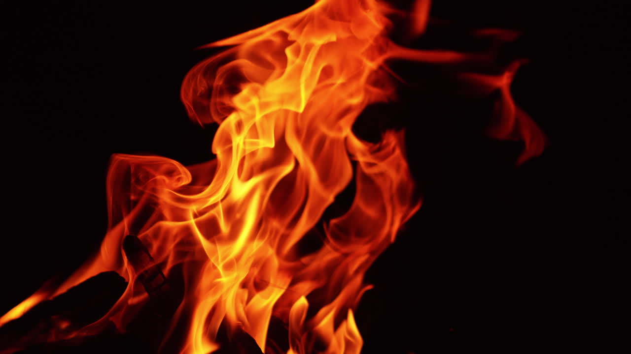 Tree branches burning in the big bonfire. Campfire isolated on the black backdrop.