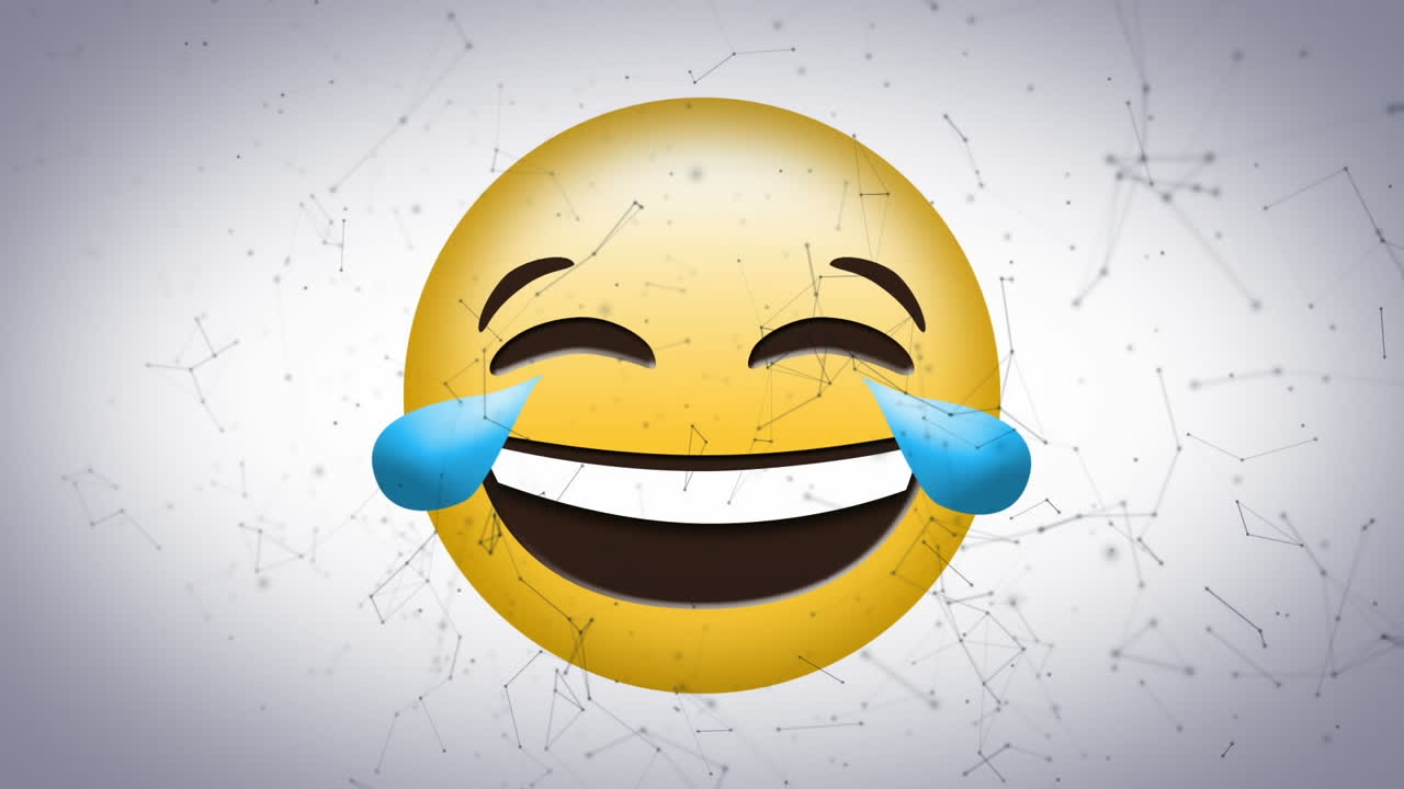 animación digital de una red de conexiones flotando contra el emoji de la cara riendo sobre un fondo gris