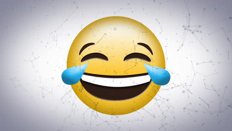 digital animation of network of connections floating against laughing face emoji on grey background