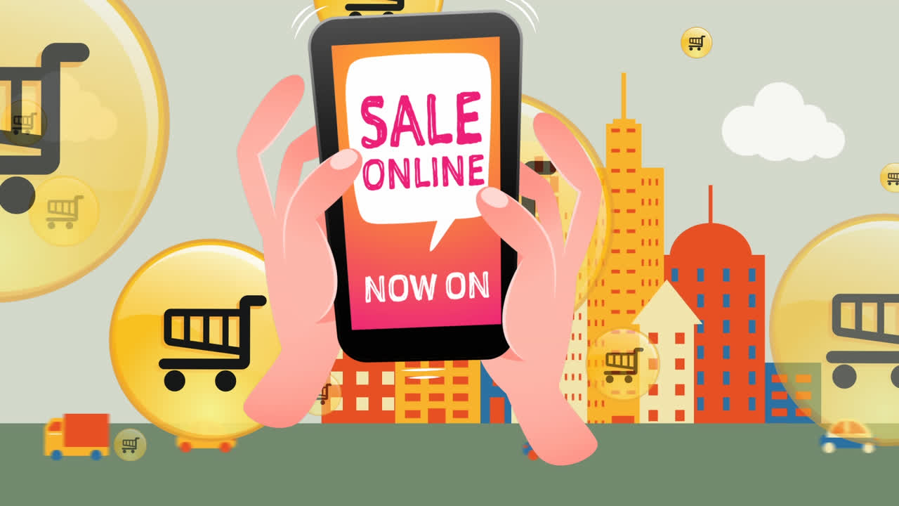 도시 풍경 위의 스마트폰 화면에 판매 텍스트의 애니메이션