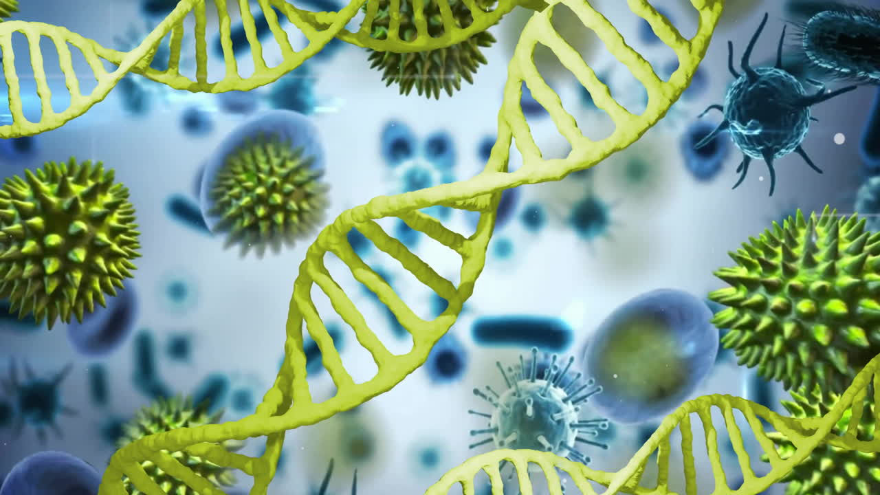 animación de cadenas de adn sobre las células del virus