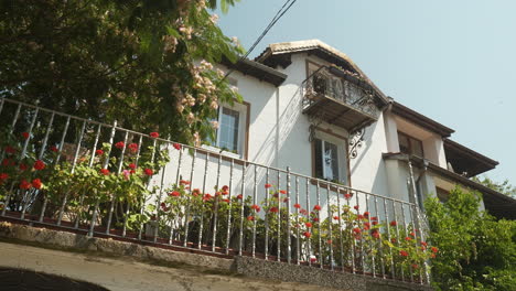 Vista-De-ángulo-Bajo-Del-Balcón-De-La-Calle-Con-Rosas-Trepadoras-Rojas-A-Lo-Largo-De-Rieles