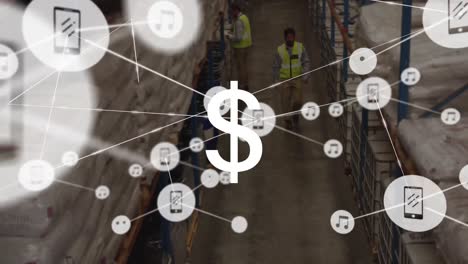 animación del símbolo del dólar, iconos conectados sobre vista de ángulo alto de diversos trabajadores en el almacén.