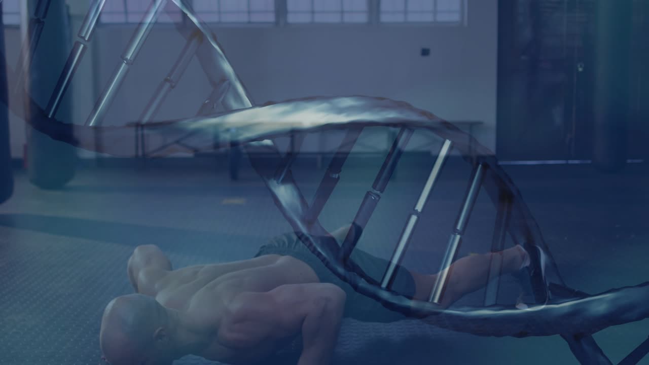 Man pushing up from prone, alternating leg-drive pushups with DNA overlay crossing body for fitness