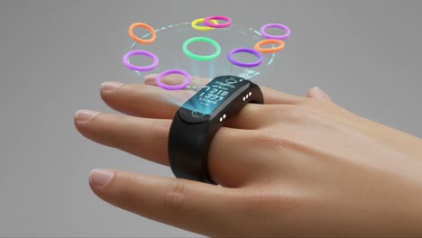 a modern fitness tracker displays vital health metrics with colorful interactive rings illustrating user data and activity levels on the wearer’s hand