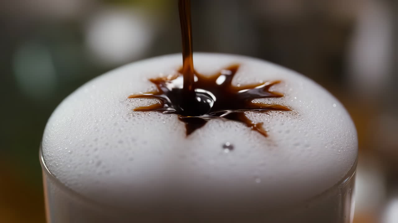 Creating Latte Art: Pouring Dark Liquid into White Foam
