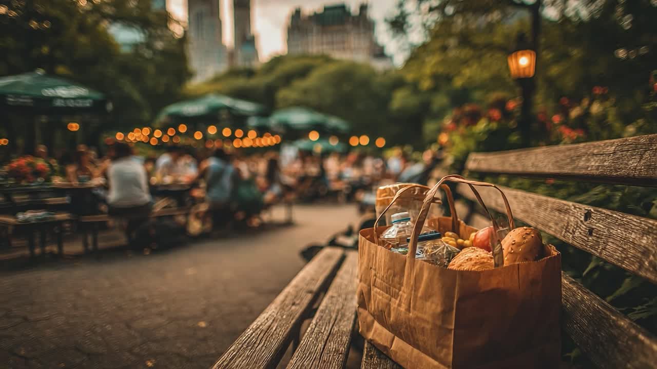 A Serene Park Setting with a Pleasant Picnic Basket Surrounded by Cozy Outdoor Dining and Lush Greenery, Perfect for Relaxation and Enjoyment