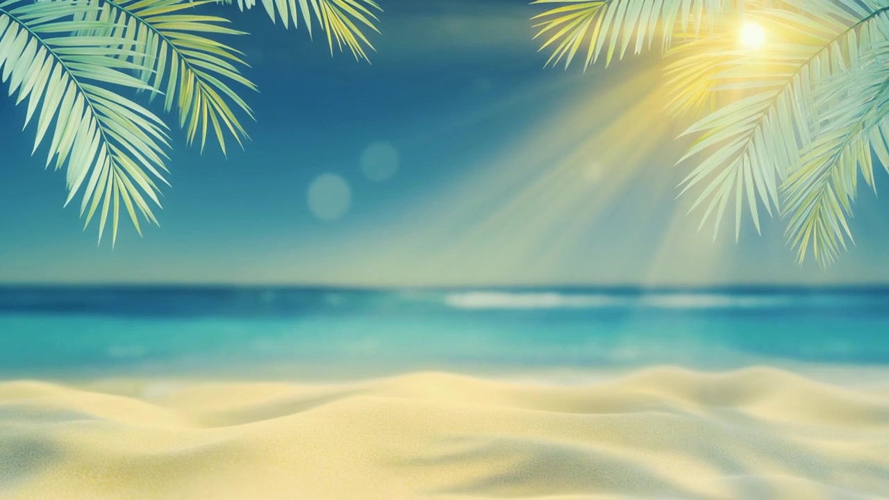 Escena de playa tropical soleada con hojas de palma y olas del océano