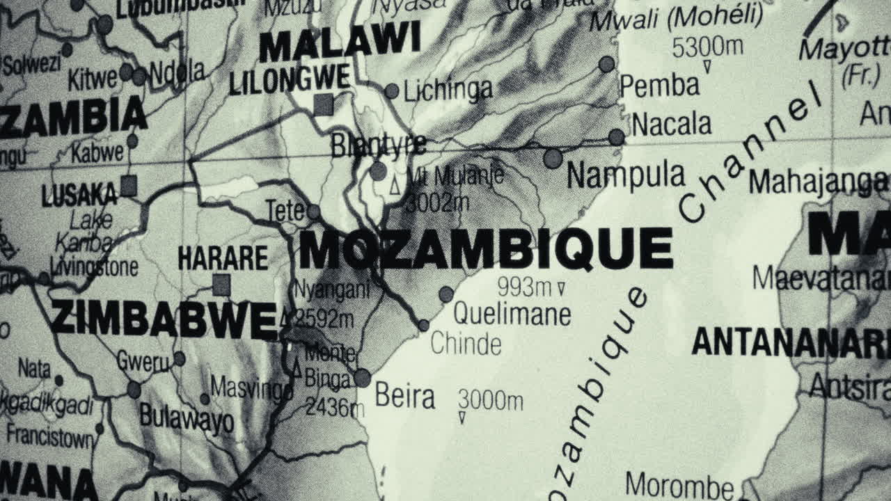 Close-up of a map showing Southern African countries including Mozambique, Zimbabwe, and Malawi