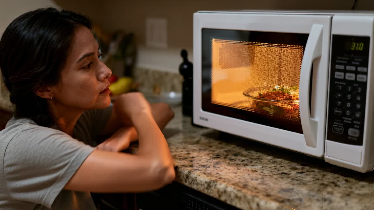 Closing microwave, woman starting timer for reheat at kitchen counter, observing bowl, copy space