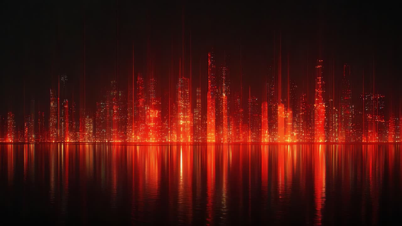 A Stunning Visual Display of Urban Landscape at Night with Bright Red Illuminations Reflecting on Water, Showcasing a Dazzling City Skyline with Tall Buildings and a Mystical Aura