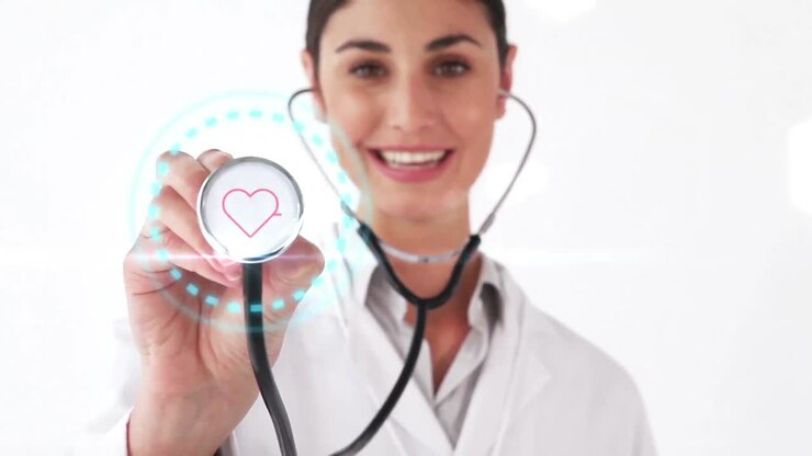 Doctor sonriente con estetoscopio que muestra latidos