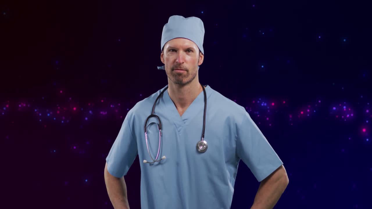 animación de un médico caucásico sobre puntos de luz en un fondo negro