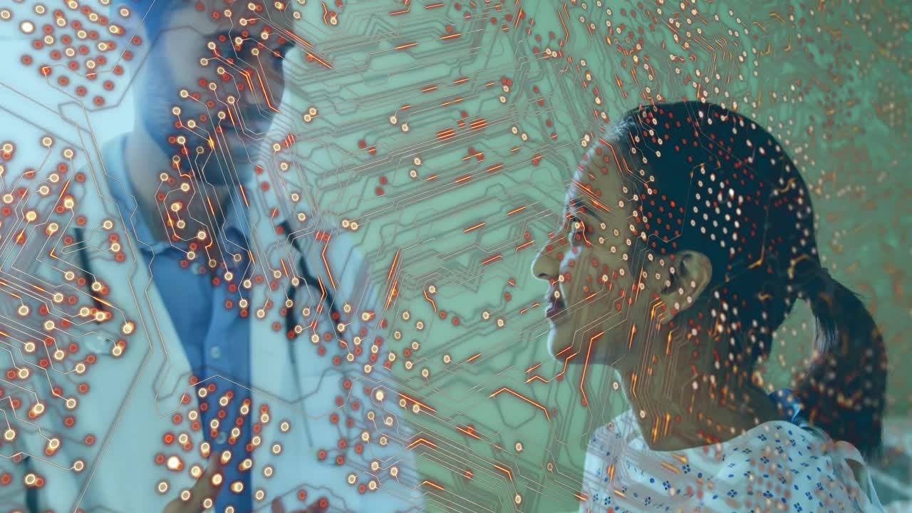 Microprocessor connections against caucasian male doctor examining neck of indian female patient