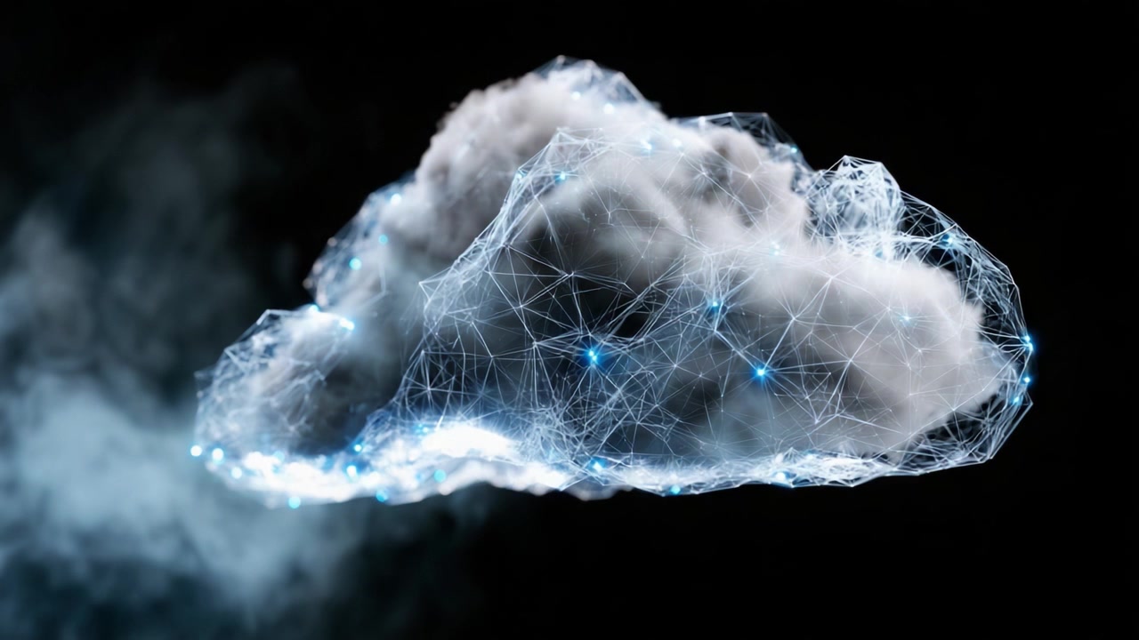 A Stunning Visualization of a Digital Cloud Rendered with Glowing Network Connections and Ethereal Light, Merging Technology and Nature in an Abstract Art Form