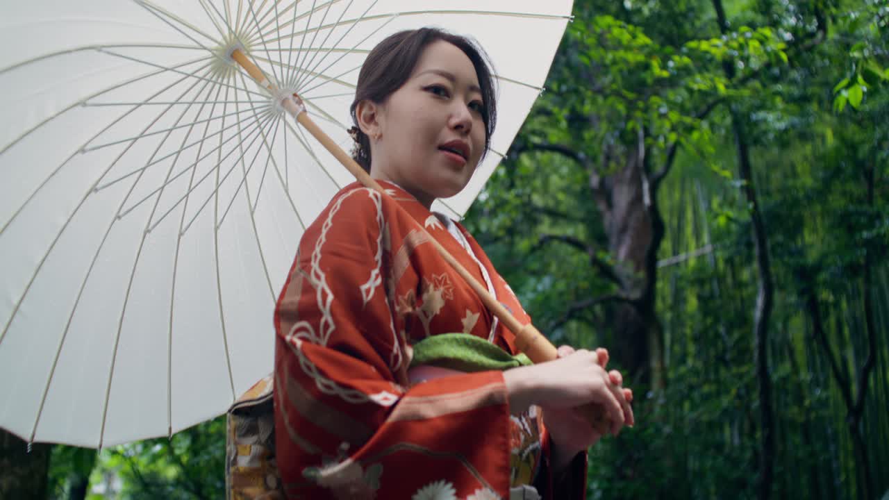 Woman in Kimono with Umbrella in a Japanese Garden