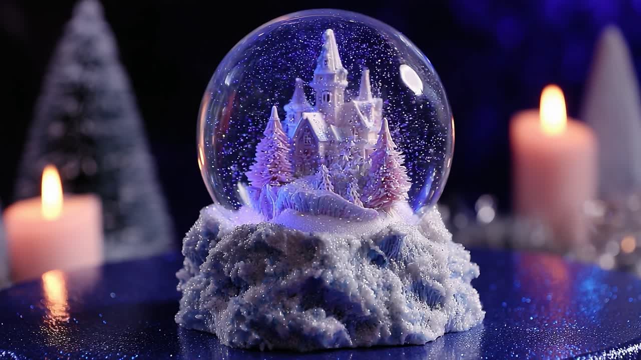 A Stunning Snow Globe Capturing a Winter Wonderland Scene with a Majestic Castle Surrounded by Snowy Trees and Soft Candlelight Glow