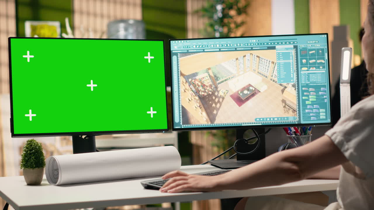 Woman working on 3D interior design with green screen monitor