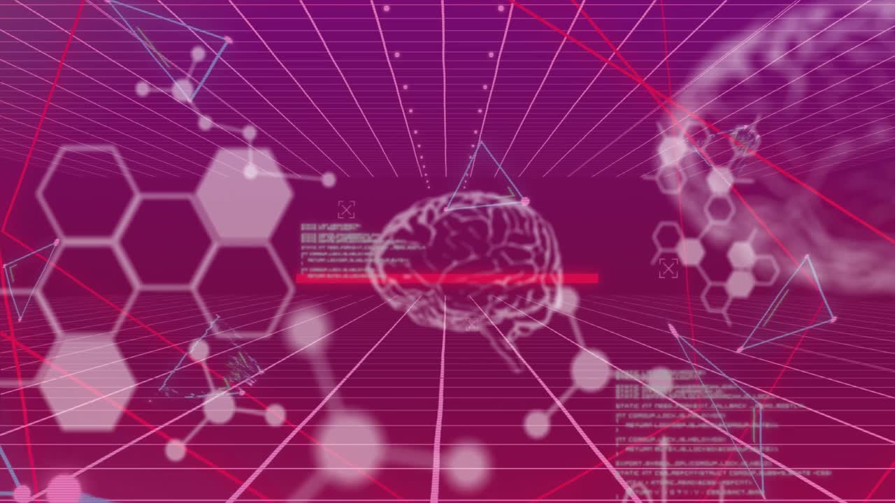 보라색 바탕에 그리드 네트워크를 통해 의료 데이터 처리의 애니메이션