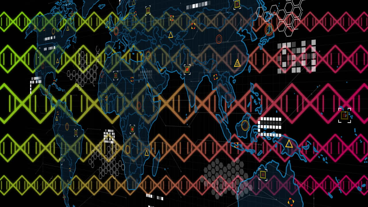 DNA strands animating over world map, processing data in digital display