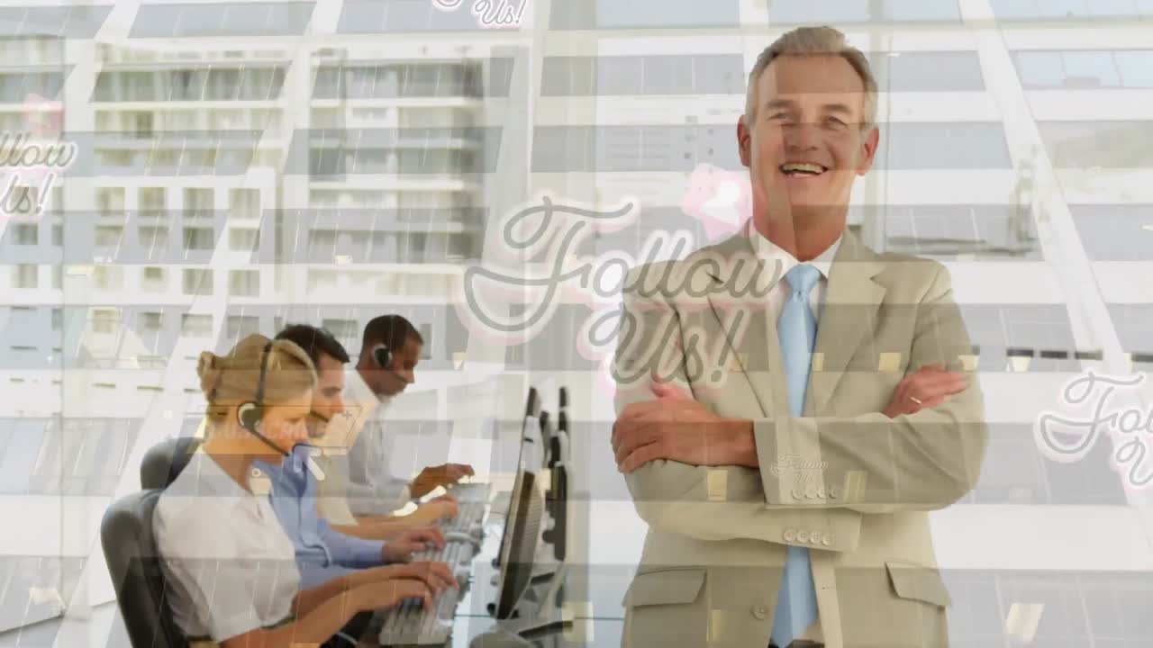 휴대폰 헤드 ⁇ 을 착용한 사람들 위에 소셜 미디어 아이콘의 애니메이션