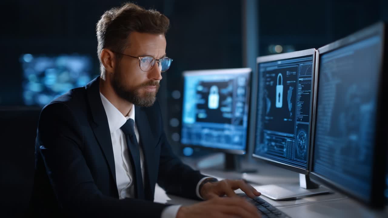 A focused cybersecurity professional analyzes data on multiple screens, ensuring digital safety and protection against cyber threats in a high-tech environment