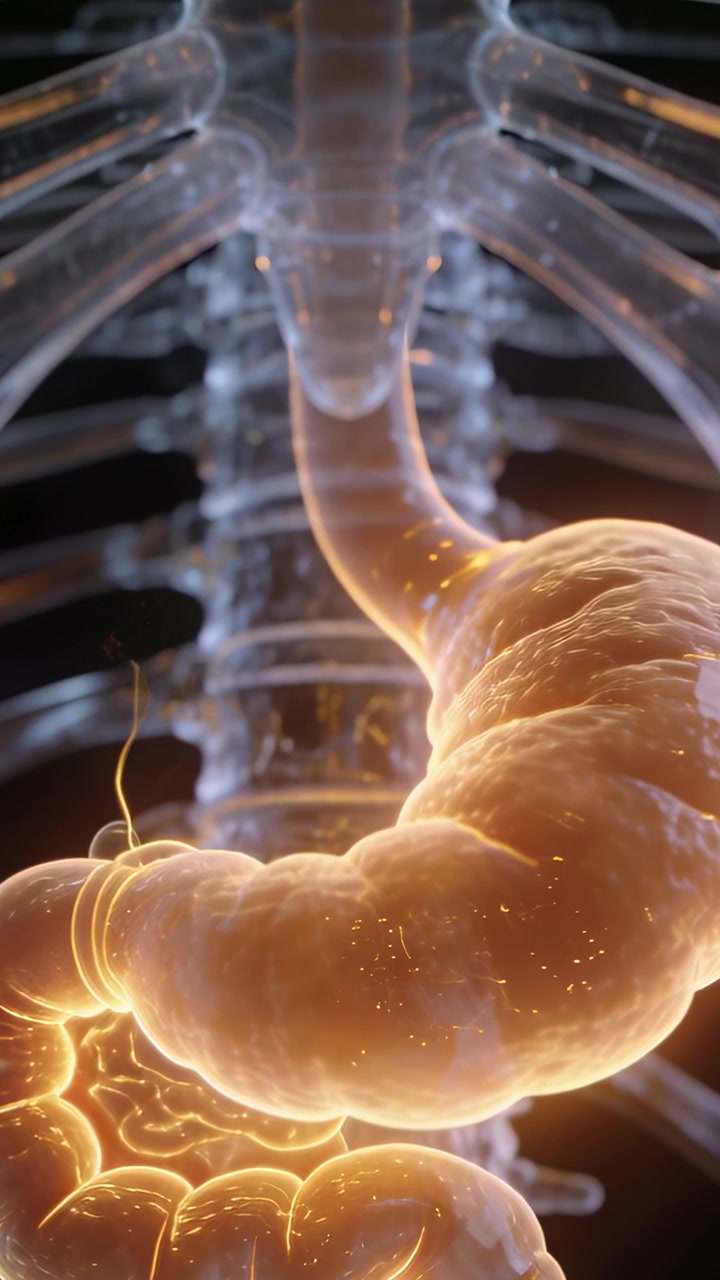 Vertical video: Pulling back view showing stomach pulsing with glow, ribs and spine for study